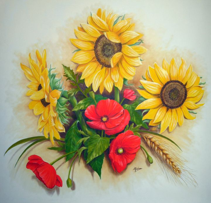 Girasoli e papaveri, dipinto di Celestina Fortuna