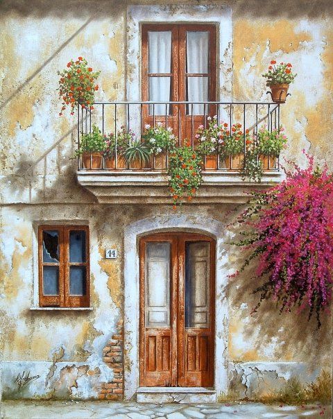 Fiori in paese, dipinto di Celestina Fortuna